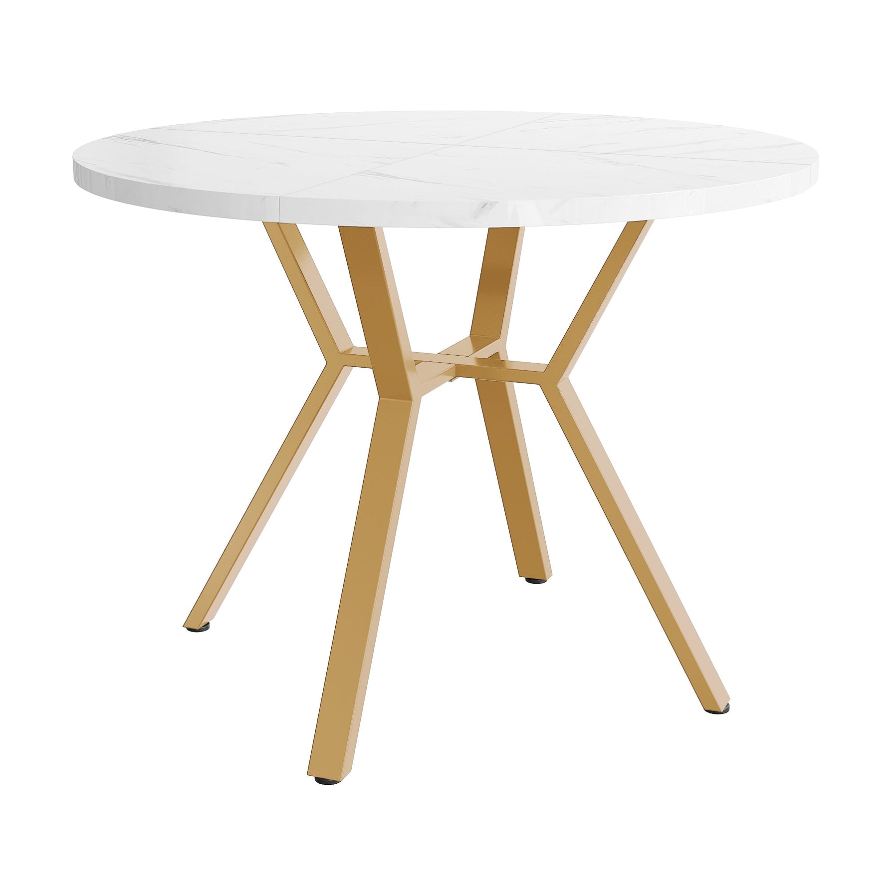 Dining Set 5-Piece Round Marble Table Gold Legs 4 Velvet Chairs - Green