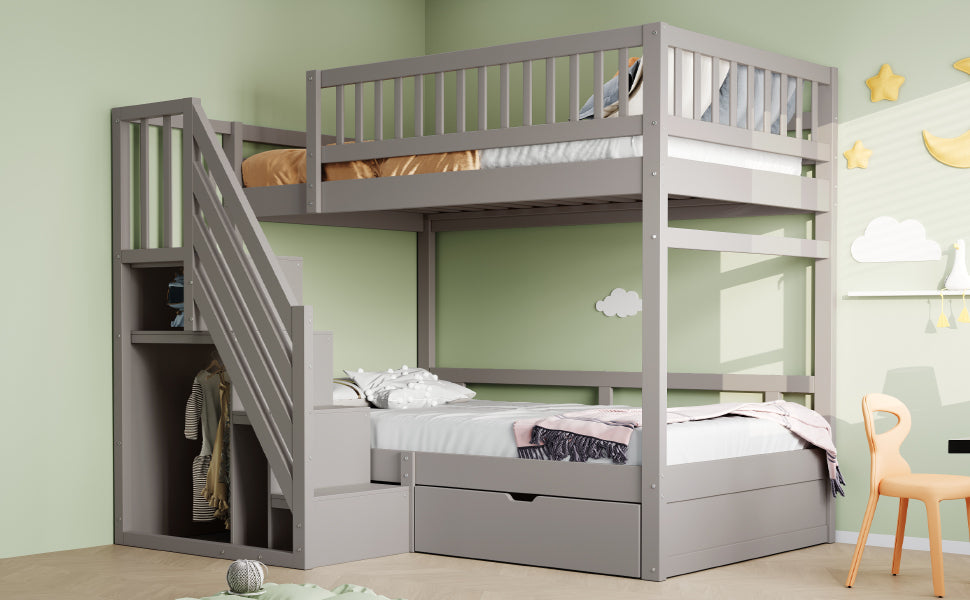 Bunk Bed, 90*200cm, High Safety Rail, Slatted Frame, Storage Ladder & Drawers, Solid Wood Grey