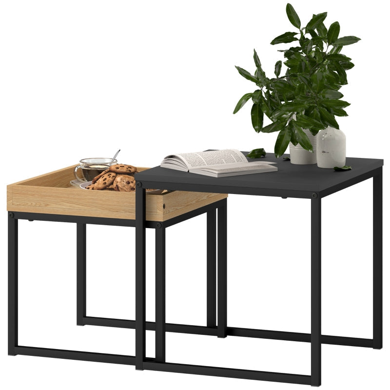 Modern Coffee Table, Set of 2 Sofa Tables, Square, MDF Metal Black