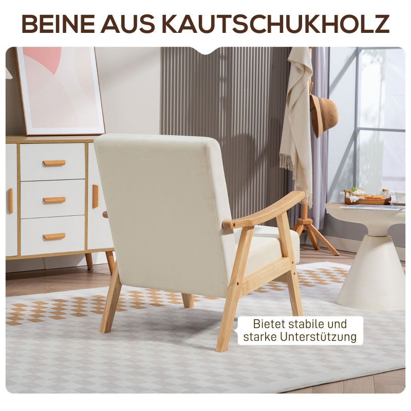Nordic Armchair, Upholstered Lounge Chair, Wooden Frame, Velvet Look, Cream White