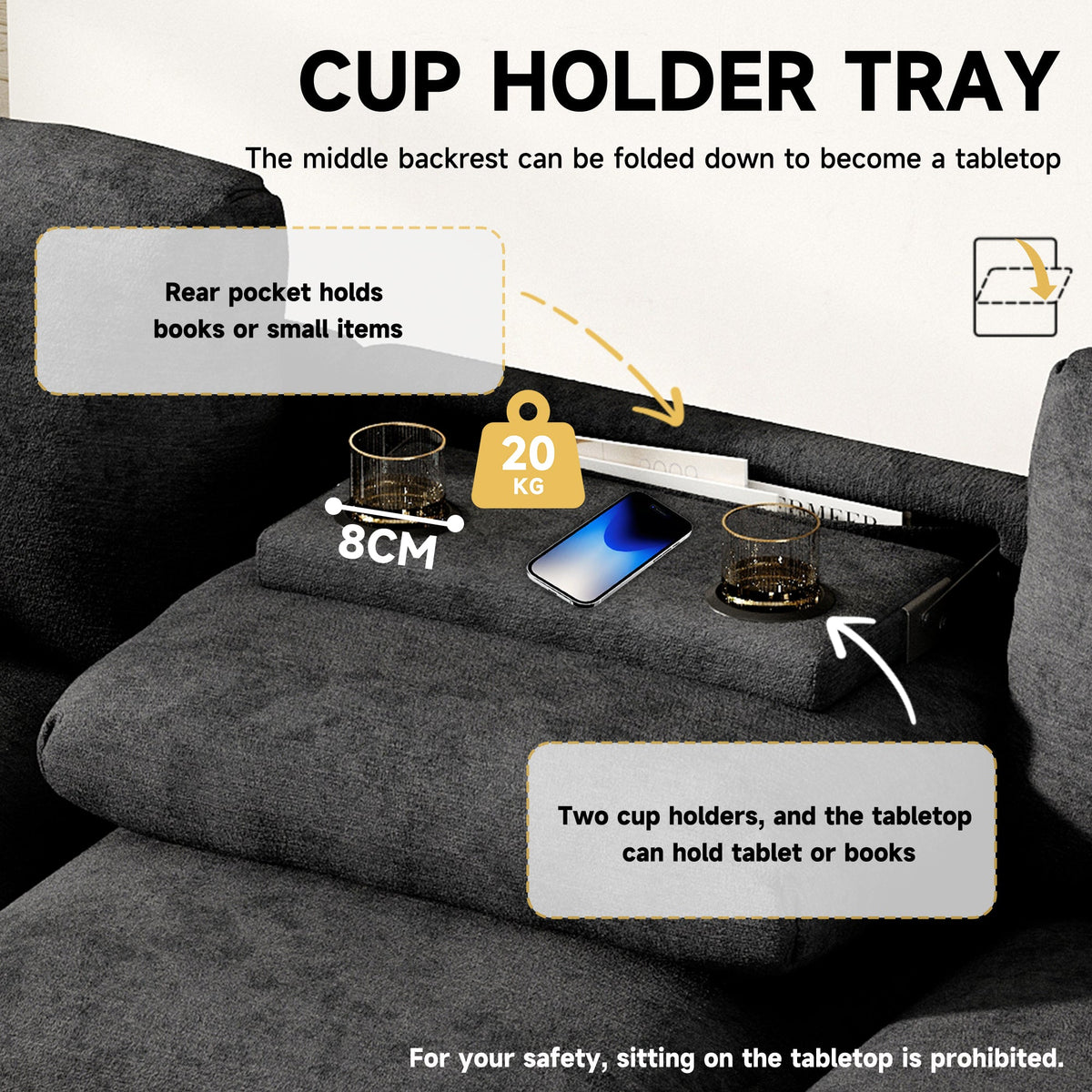 Three-Seater Sofa Multifunctional Folding Table USB Storage - Chenille