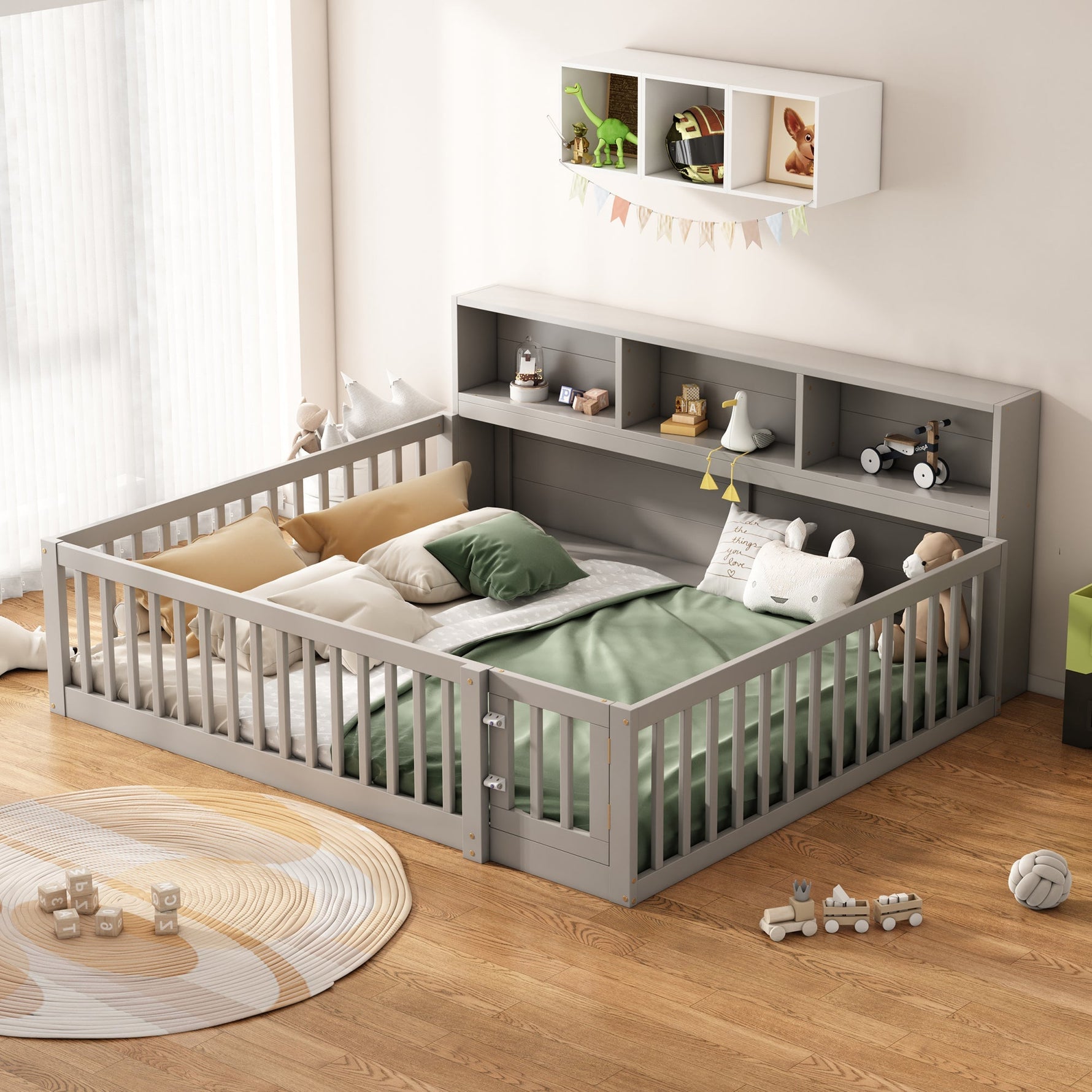 Daybed Sofa Bed 140x200cm with Bedside Storage Railing, Grey Pine Wood