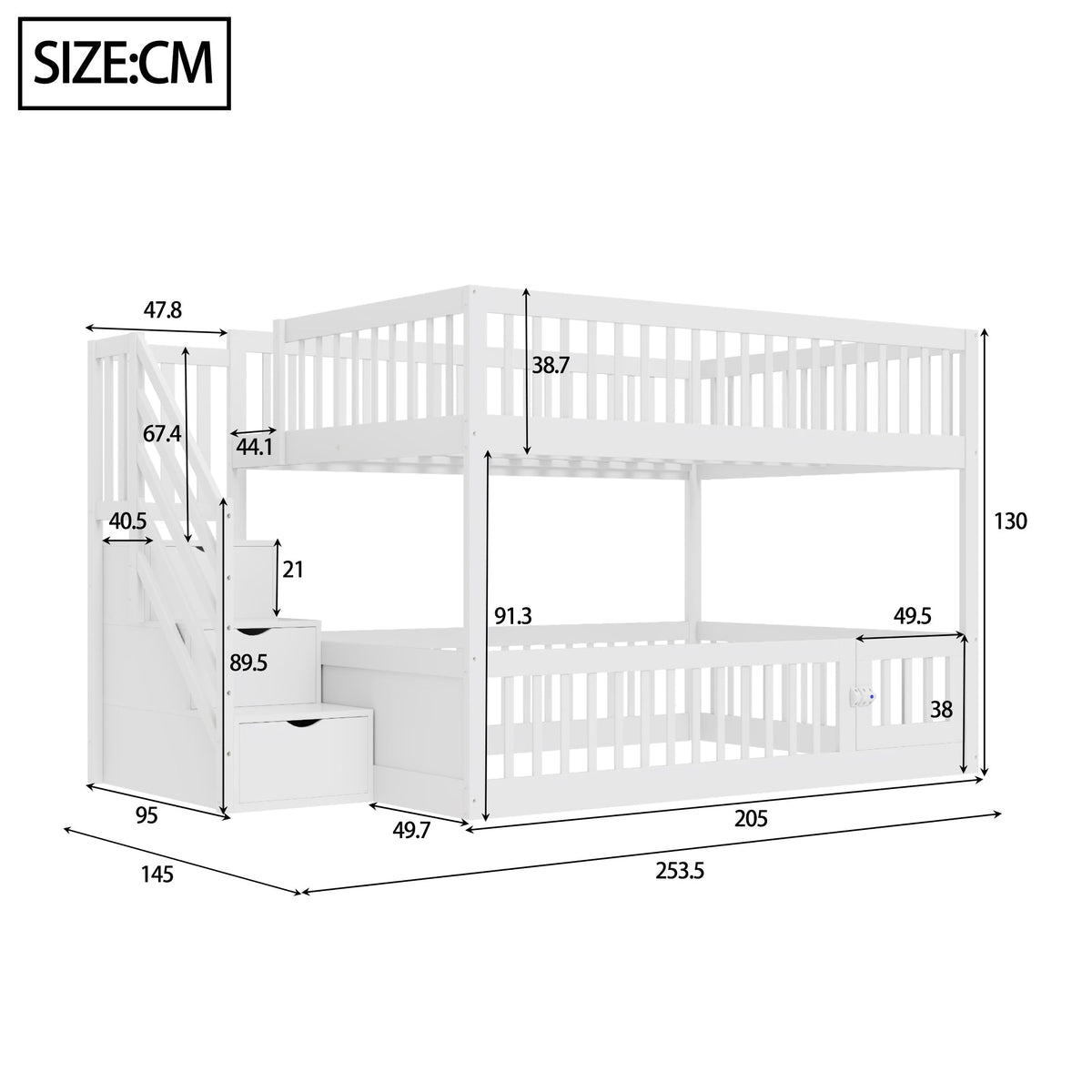 Bunk Bed 140x200, with Safety Stairs and Storage Drawers, White Wood