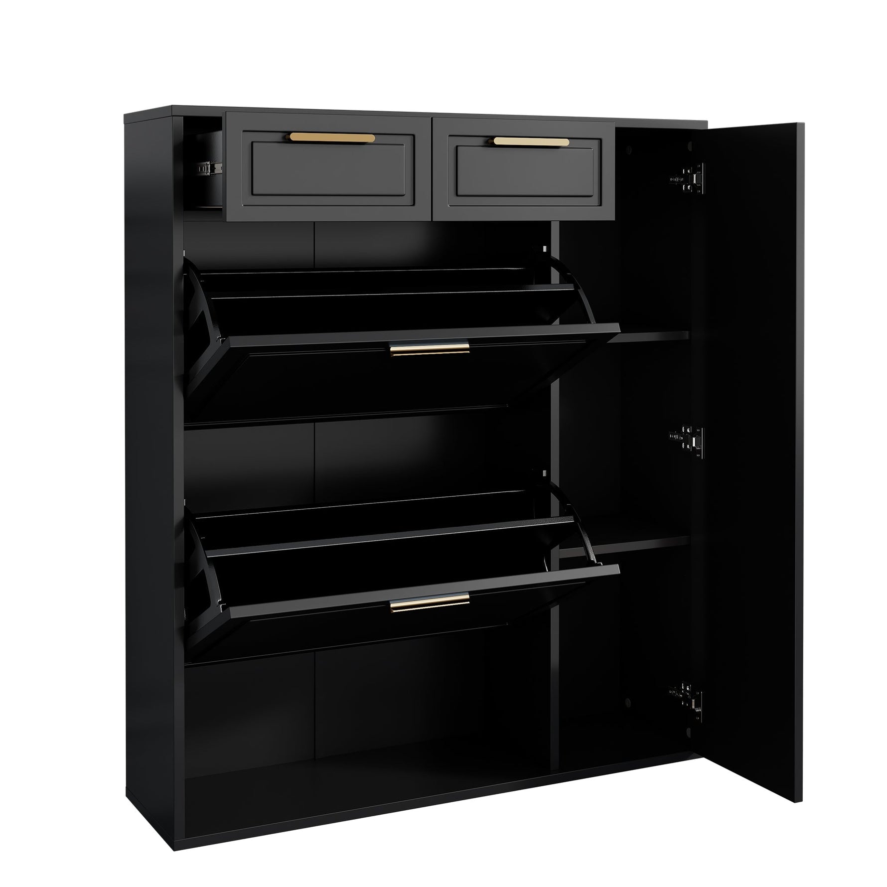 Modern Shoe Cabinet with Adjustable Shelves, Gold Handles, Drawers, Folding Doors, Black