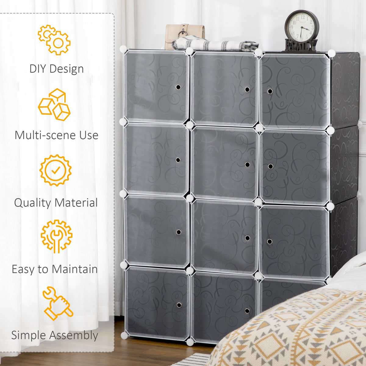 DIY Wardrobe Shelving System, Cube with Clothes Rail, Black + White PP