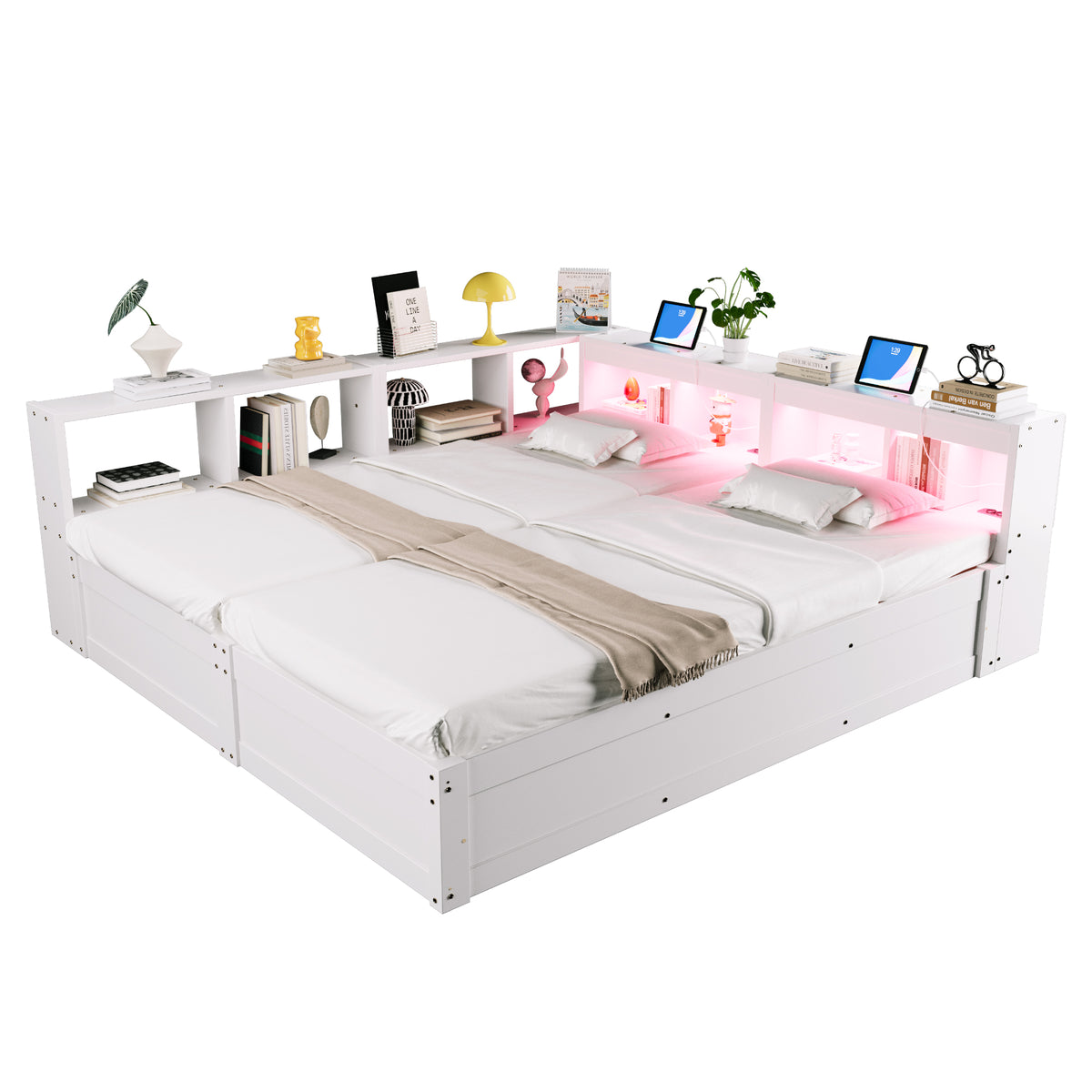 Multifunctional Sofa Bed 90/180x200cm with Storage & LED, White