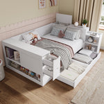 Multifunctional Storage Daybed with Drawers, Shelves and Bedside Tables, 140x200cm, White Wood