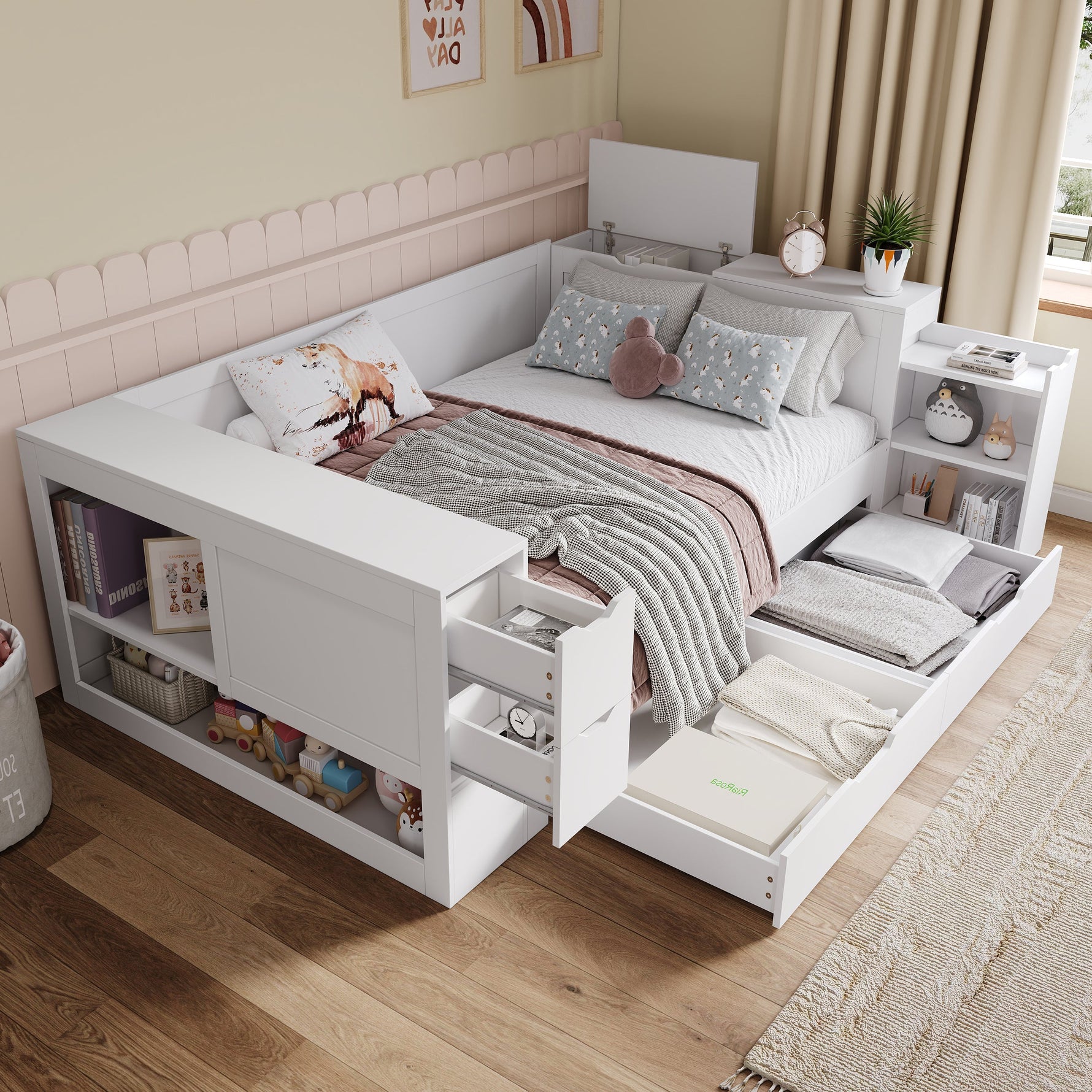 Multifunctional Storage Daybed with Drawers, Shelves and Bedside Tables, 140x200cm, White Wood
