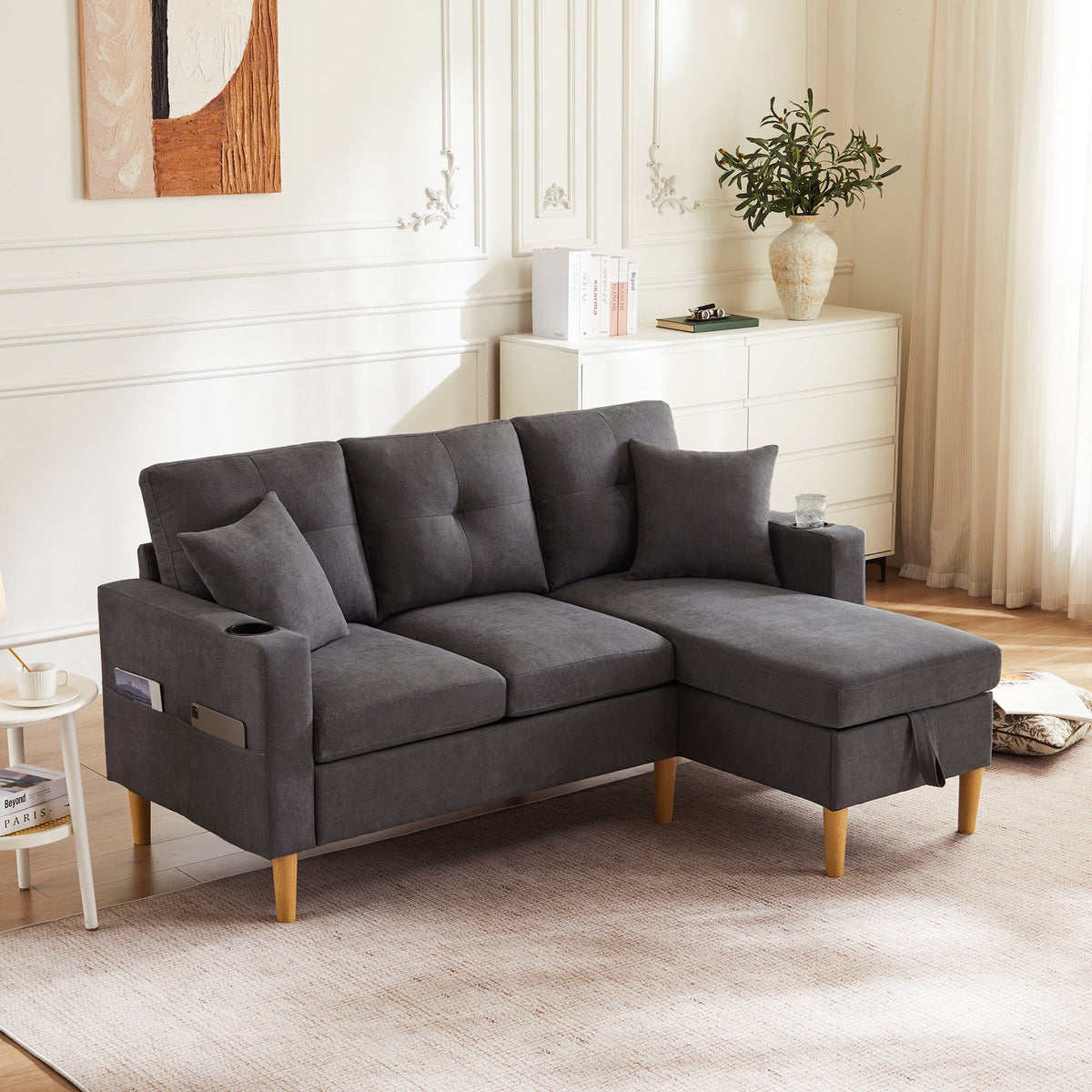 Sofa, L-Shaped Modern 3-Seater with Chaise, Storage, Cup Holder, Pillows