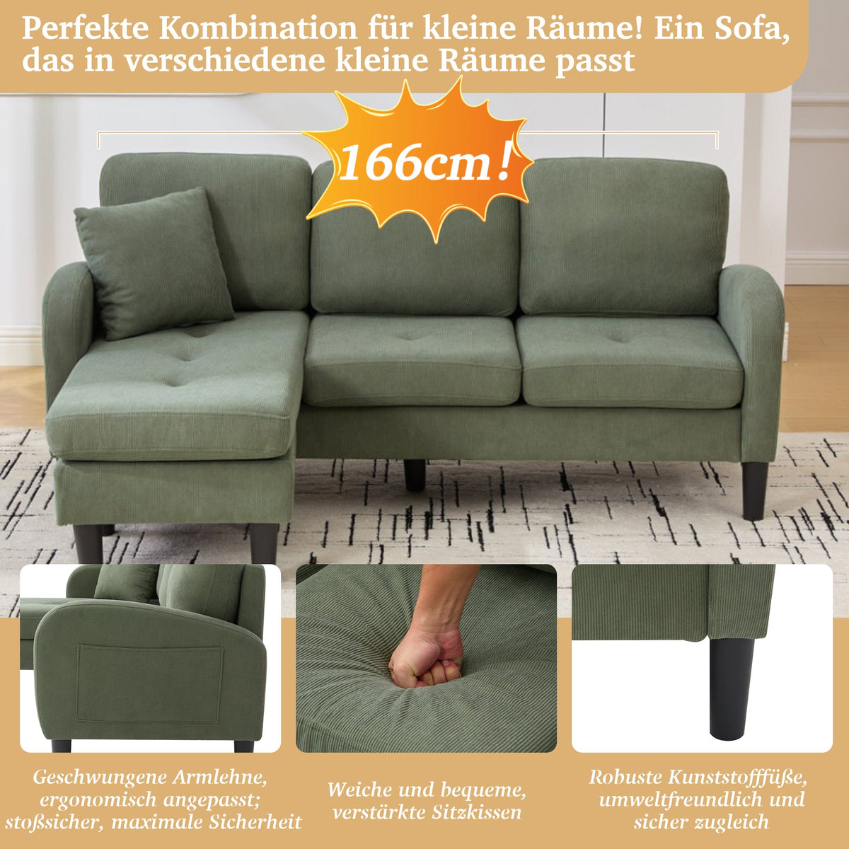 L-shaped Corner Sofa with Chaise Longue, 3-Seater Modular Design, Corduroy Fabric