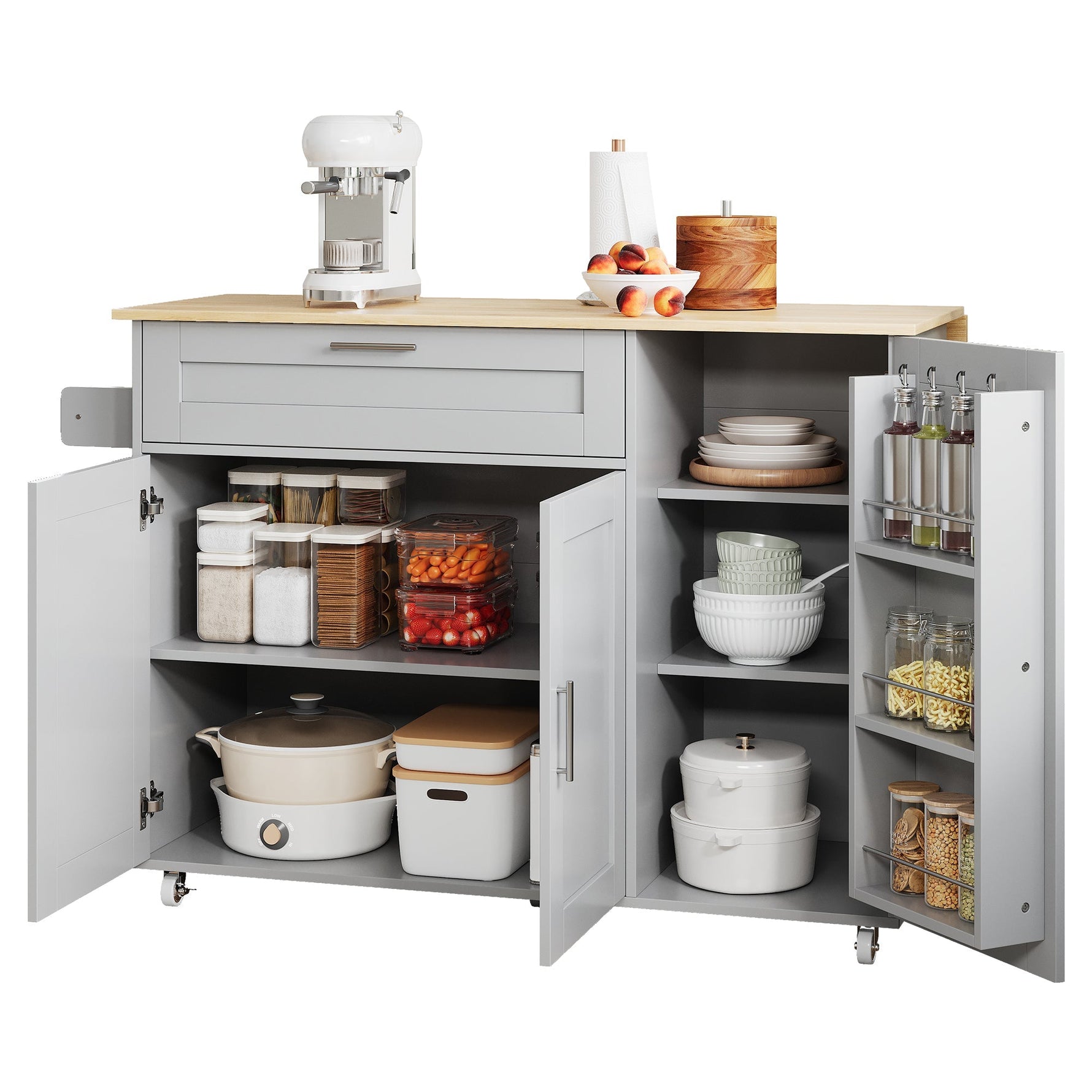 Mobile Kitchen Table Folding Top Storage Wheels - Oak Grain