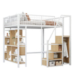 Multifunctional Loft Bed 140x200cm Storage Shelves Stairs Adults/Kids Metal White