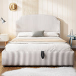 Upholstered Bed 140x200 with Hydraulic Storage and Wide Headboard, Striped Fabric White and Coffee