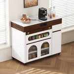 Kitchen Island Mobile Extendable Table Power Strips Ribbed Glass Storage - White/Walnut