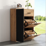 Modern Shoe Cabinet, Adjustable Shelves 1 Drawer 2 Drop-Down Doors, Black and Natural Tones