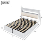 Bed Frame 180x200, Hydraulic Lift, USB, Upholstered Headboard, Hidden Storage, Wood & Metal, White