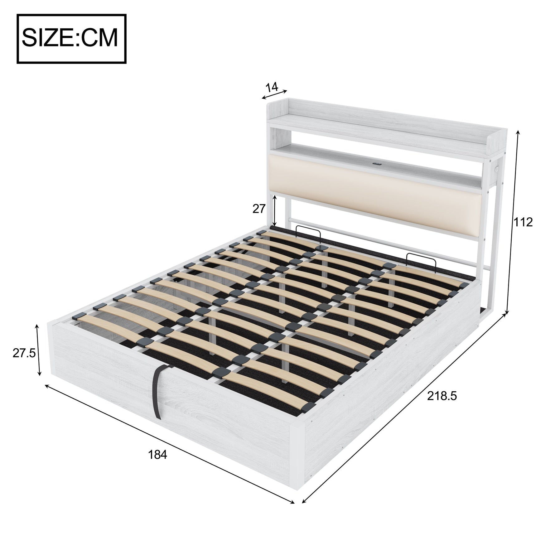 Bed Frame 180x200, Hydraulic Lift, USB, Upholstered Headboard, Hidden Storage, Wood & Metal, White