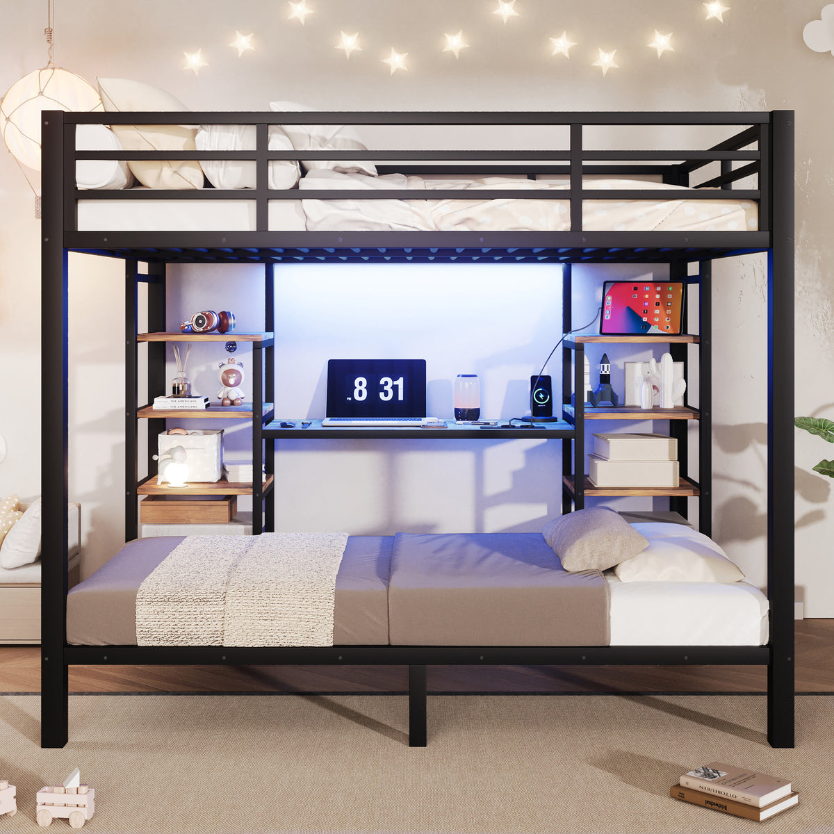 Bunk Bed 90/140x200 cm with Storage, USB & LED, Black Metal