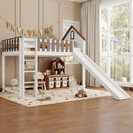 Loft Bed, Roof & Window, 3-Step Ladder, Slide, Pine+MDF, White+Walnut