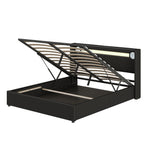 Upholstered Bed, 160x200cm LED & Bluetooth Storage, Black PU Leather