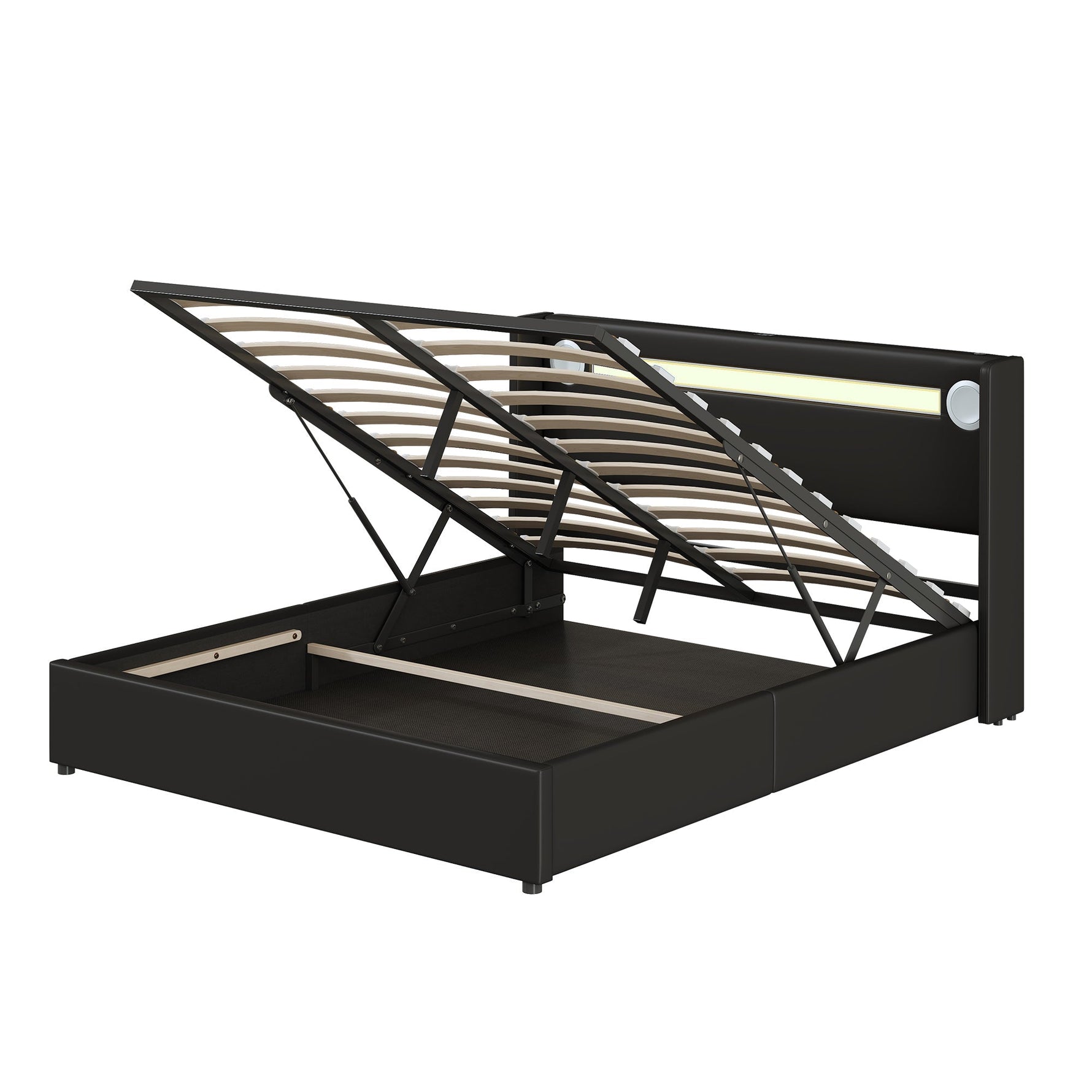 Upholstered Bed, 160x200cm LED & Bluetooth Storage, Black PU Leather