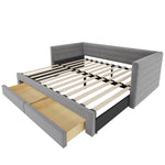 3-in-1 Upholstered Sofa Bed, Extendable with Drawers and Slatted Base, Grey Cotton and Linen