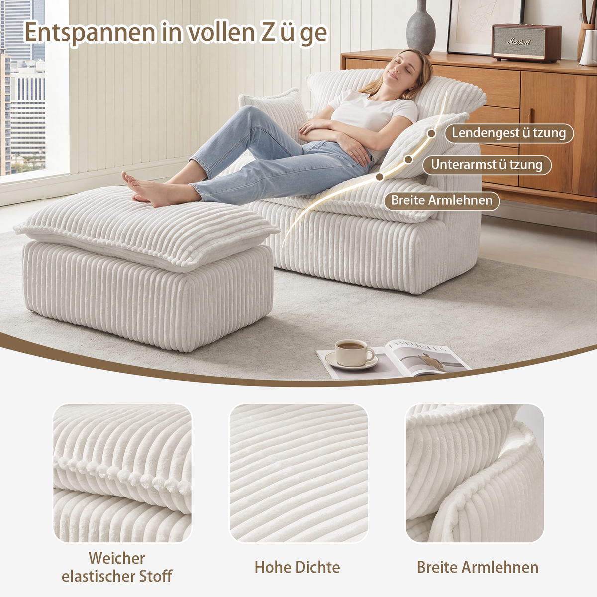 Cloud Sofa Armchair with Footstool, Compact Convertible Armchair for Small Spaces, Soft Corduroy Fabric
