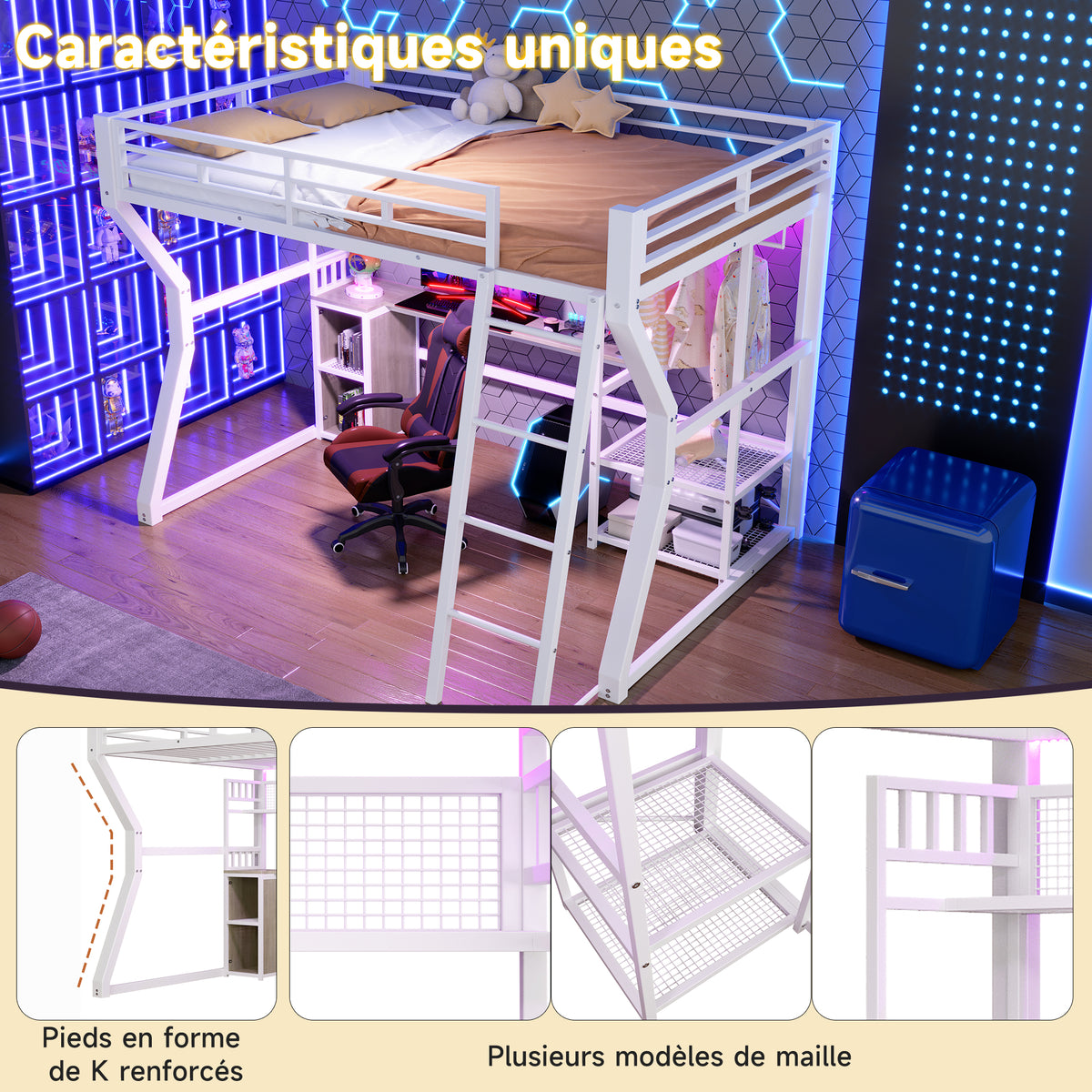 Loft Bed 140x200cm with Desk & Shelves, Light Strip, White Iron