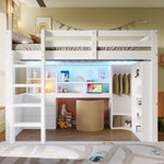 Loft Bed 140x200cm LED Lights Wardrobe Desk Drawers Storage - White