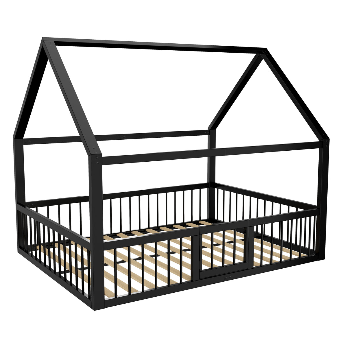 Metal Bed Frame 140x200 cm with House Trim & Railing, Black