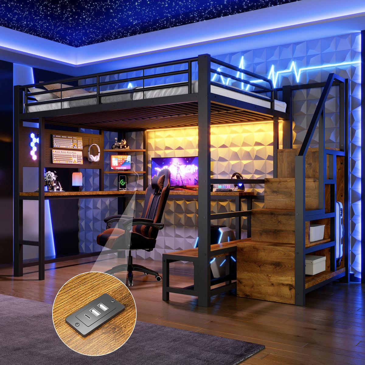 Loft Bed 140x200cm with Desk, LED Light & Storage, Black