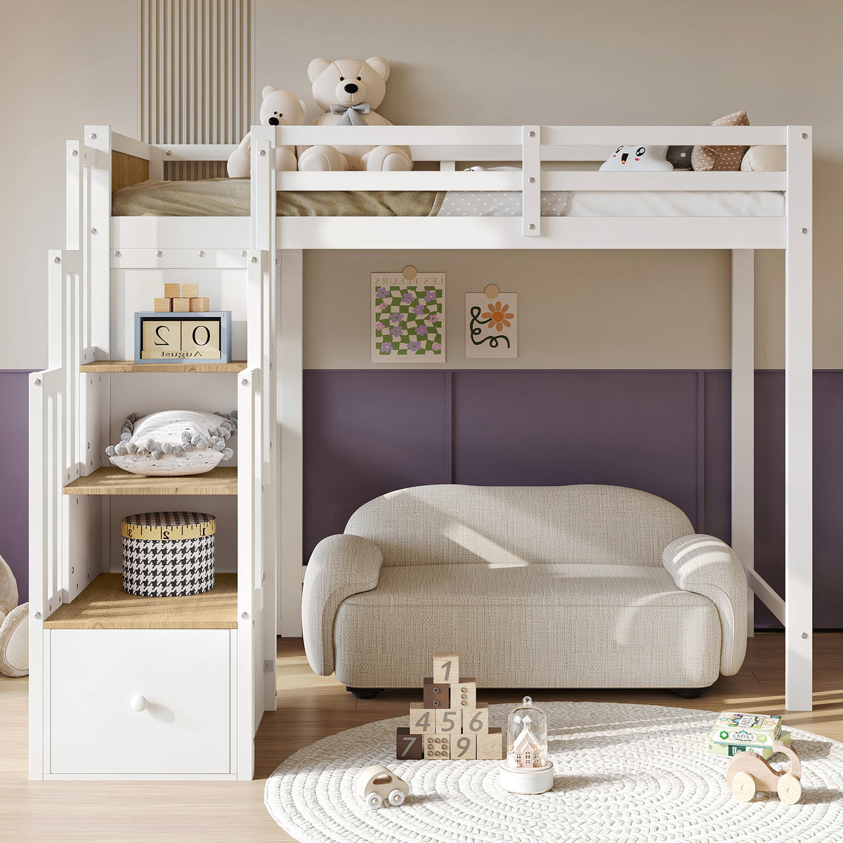 Wooden Mid-Sleeper Bed 90x200cm with Desk & Drawers, White & Natural