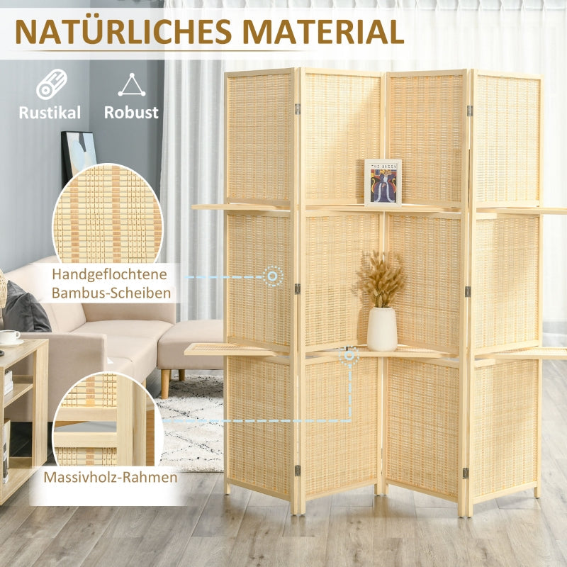 Bamboo Room Divider, 2 Shelves, Foldable, Natural