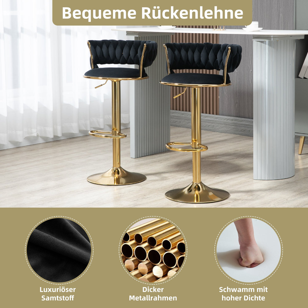 Velvet Swivel Bar Stool Set, Adjustable Height with Handcrafted Backrest