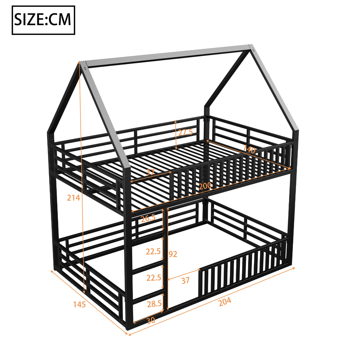 House-Shaped Bunk Bed 140x200 with Fence & LED Light, Black