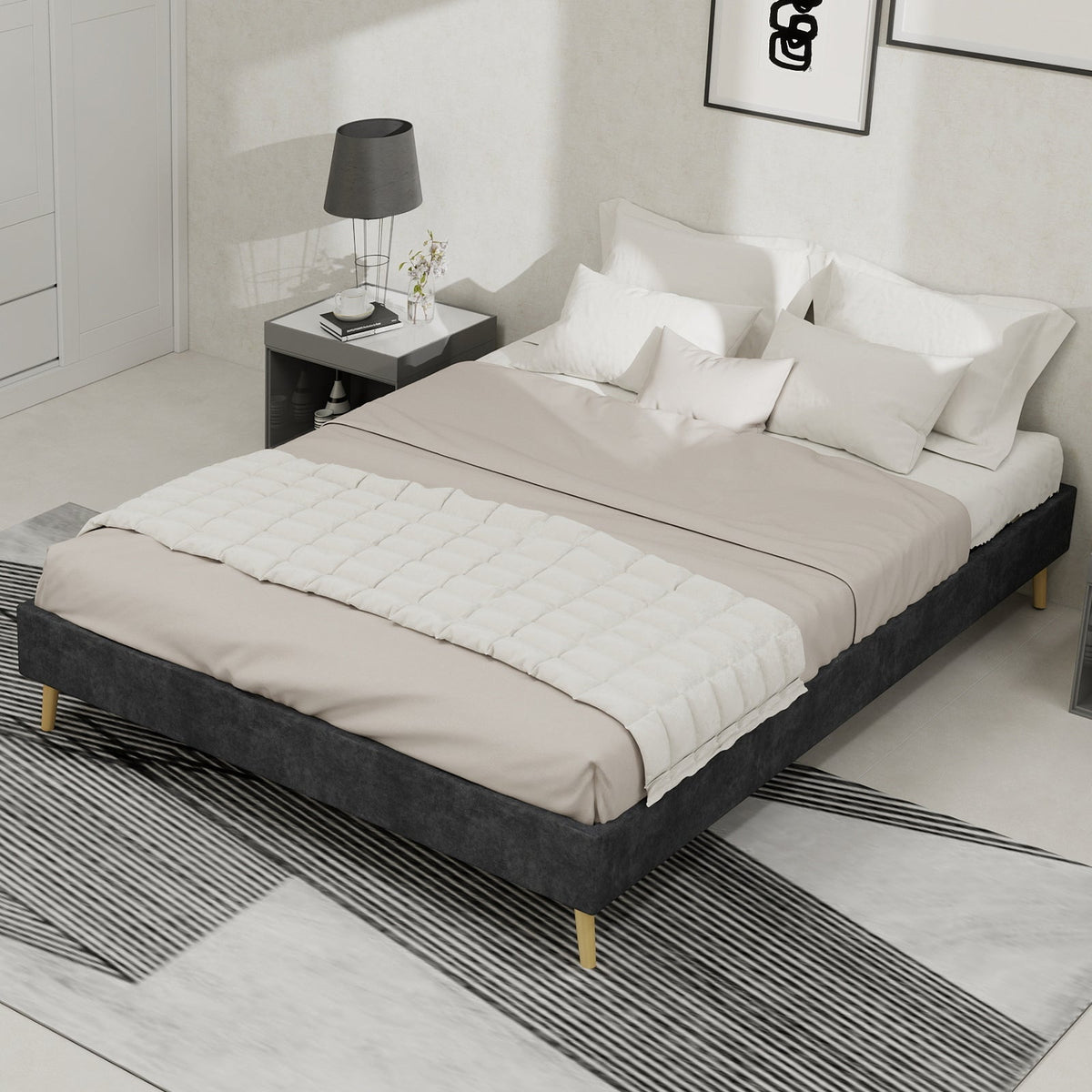 Modern Bed Frame 140x200cm Low Box Dutch Velvet Gray