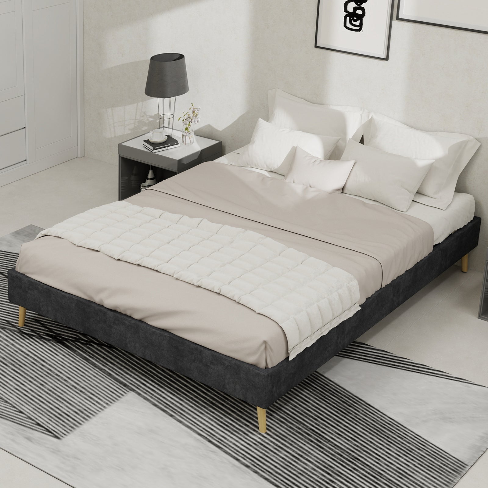 Modern Minimalist Bed Frame 140x200cm Low-Profile Base Grey Dutch Velvet