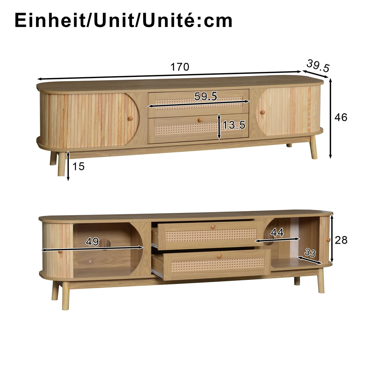 TV Cabinet with Doors, Drawers & Rattan Sides - Natural Wood Blend