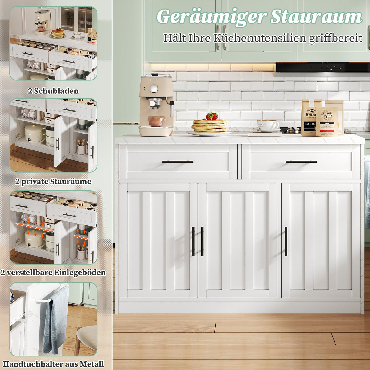 Kitchen Island with Power Outlets USB Adjustable Shelves, White
