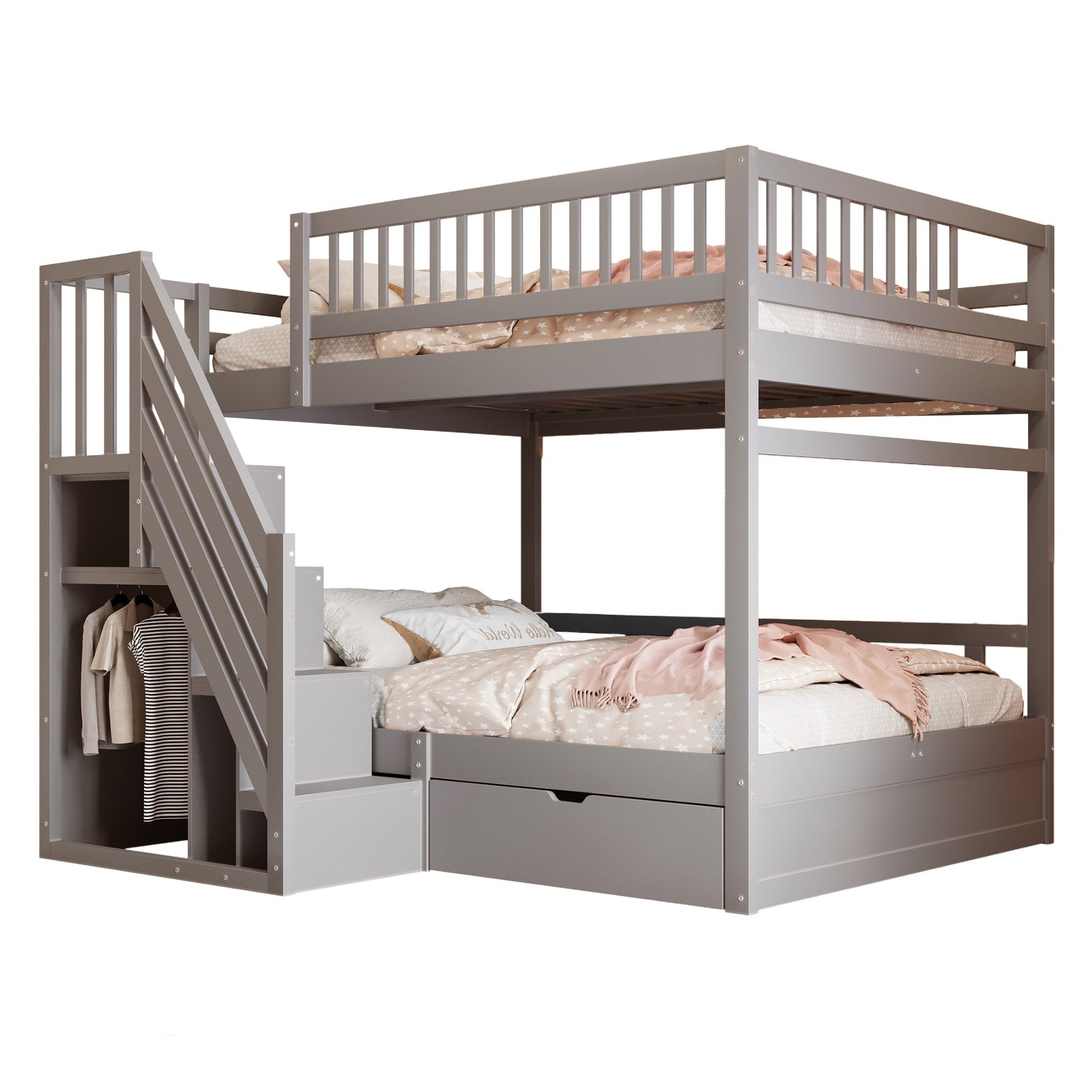 Solid Wood Bunk Bed 140x200cm High Safety Rail Storage Ladder Drawers, Grey