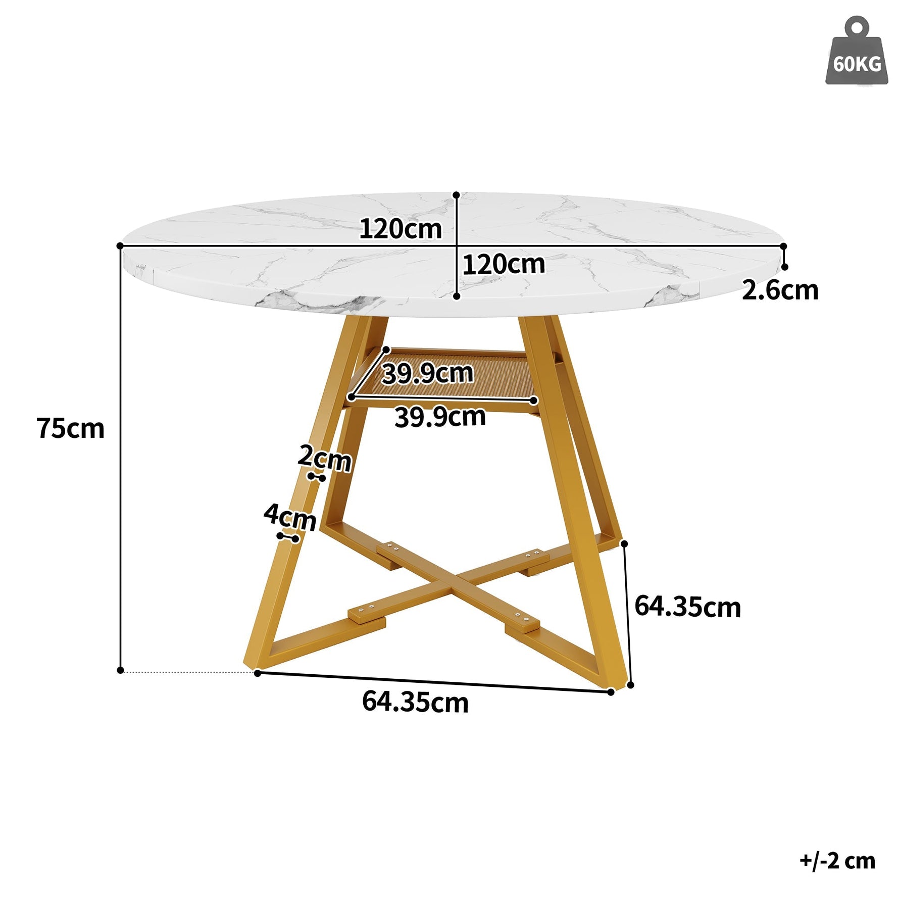 Round Dining Table Metal Legs Marble Look - Black/White
