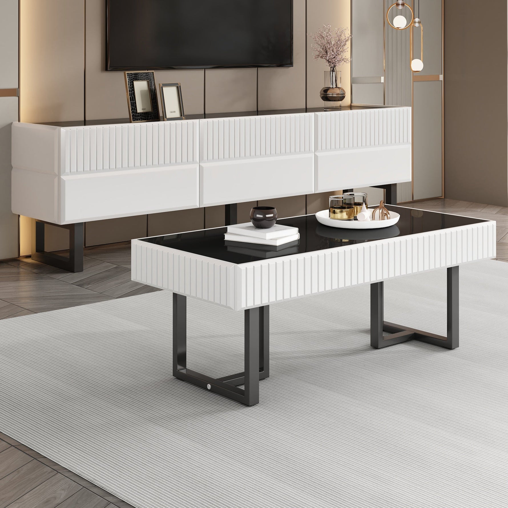 Coffee Table and TV Cabinet Set Modern Minimalist Storage Furniture - Black and White Stripe