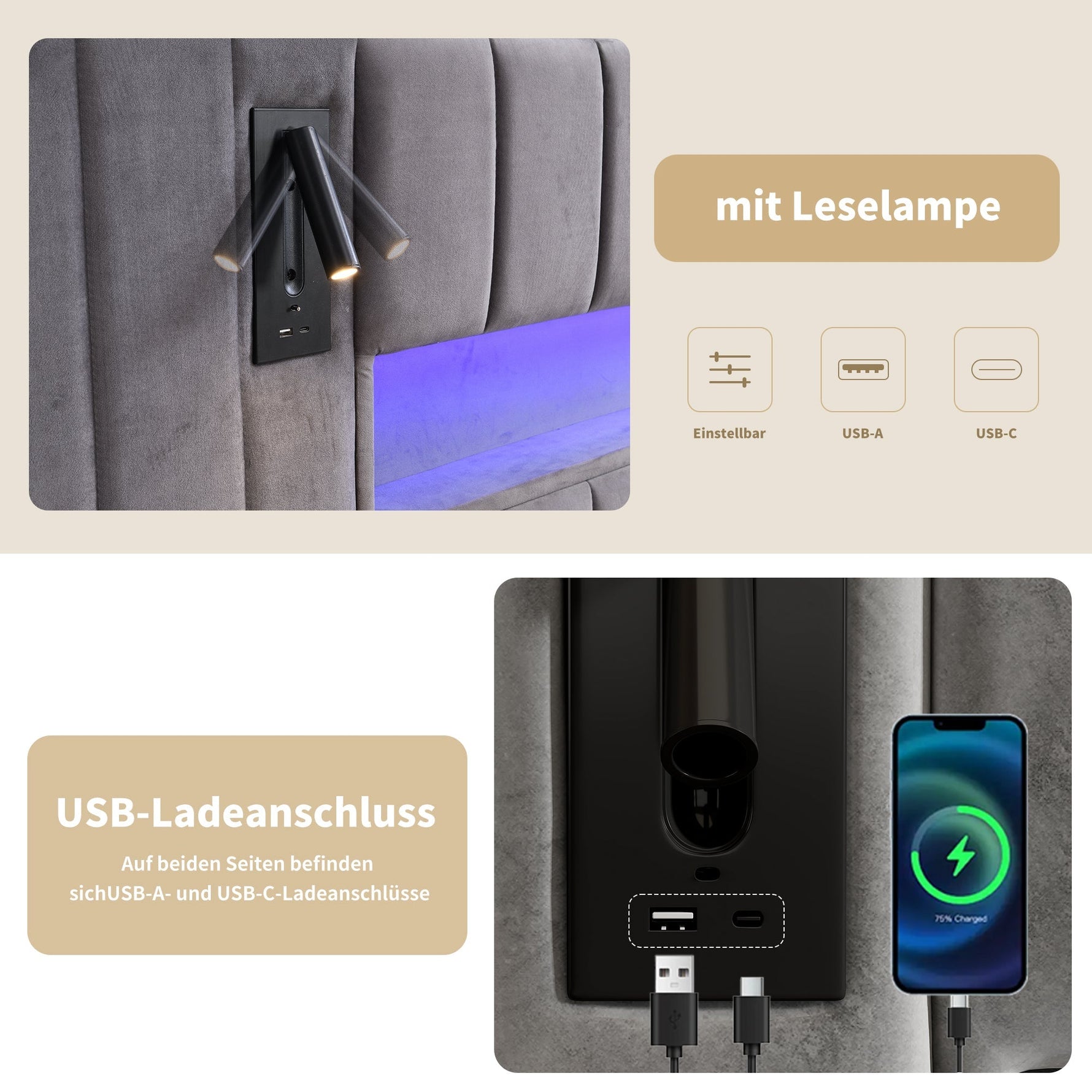 Upholstered Double Bed 180x200cm USB LED Storage - Velvet Grey