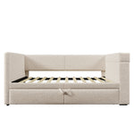 Upholstered Daybed 90x200cm with Trundle & USB, Beige Linen Blend