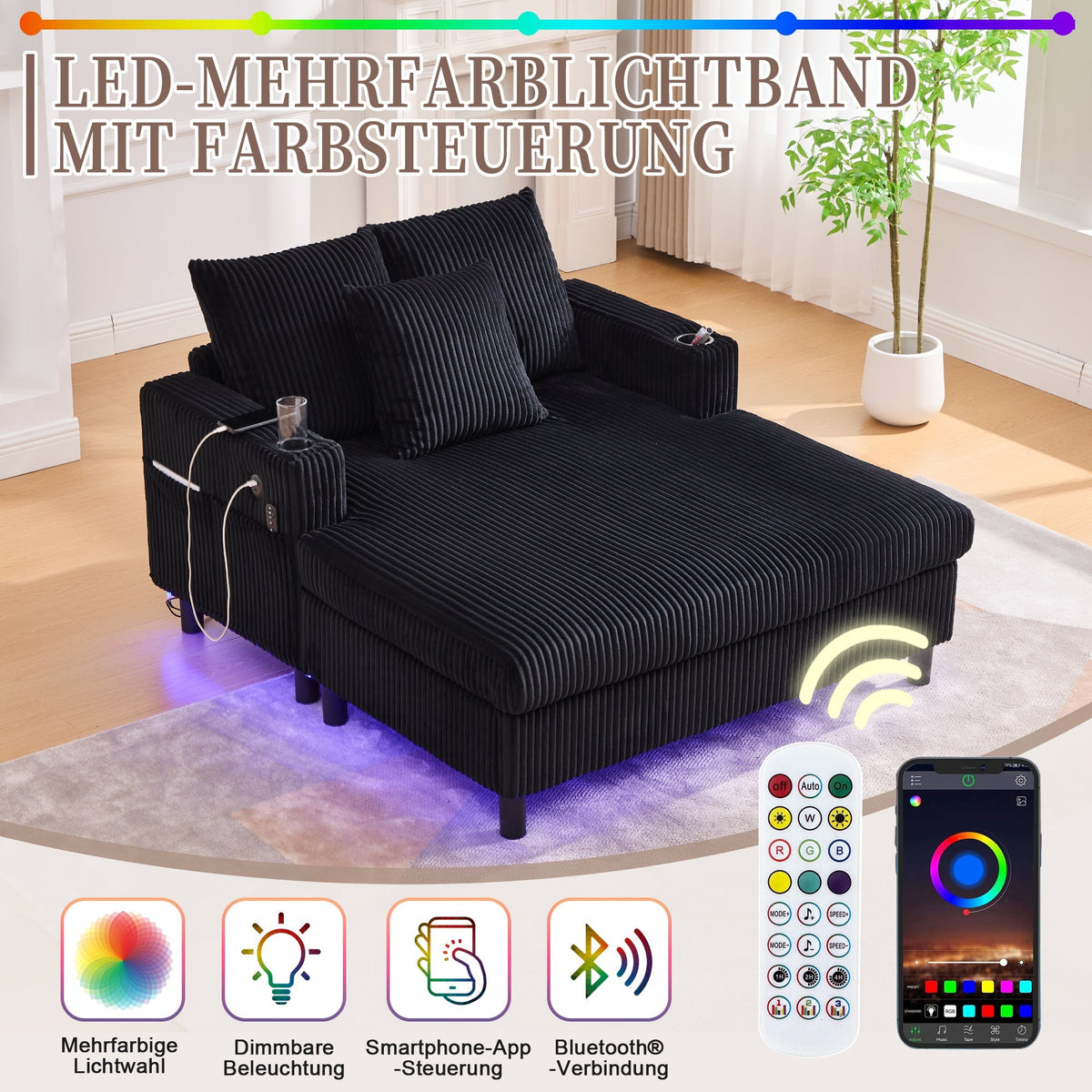 Chaise Longue Recliner, Soft with Cup Holders, USB Ports & LED Lighting