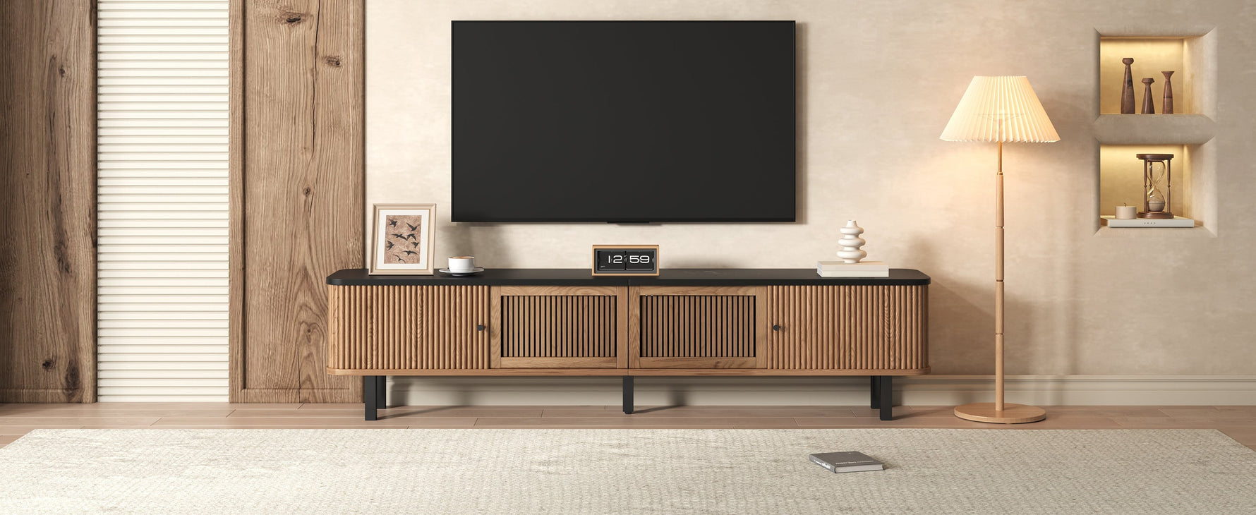 Modern TV Cabinet with Sliding Mesh Doors and Unique Design, Oak Wood Look