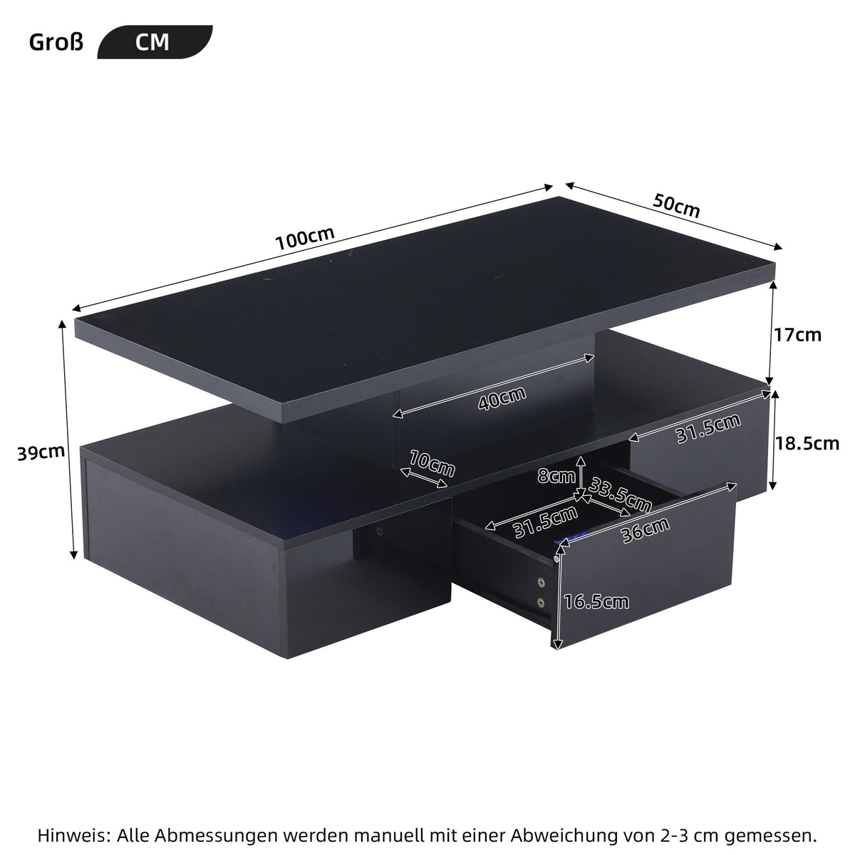Two-tier Coffee Table 16-Color LED Light High-Gloss Storage Black