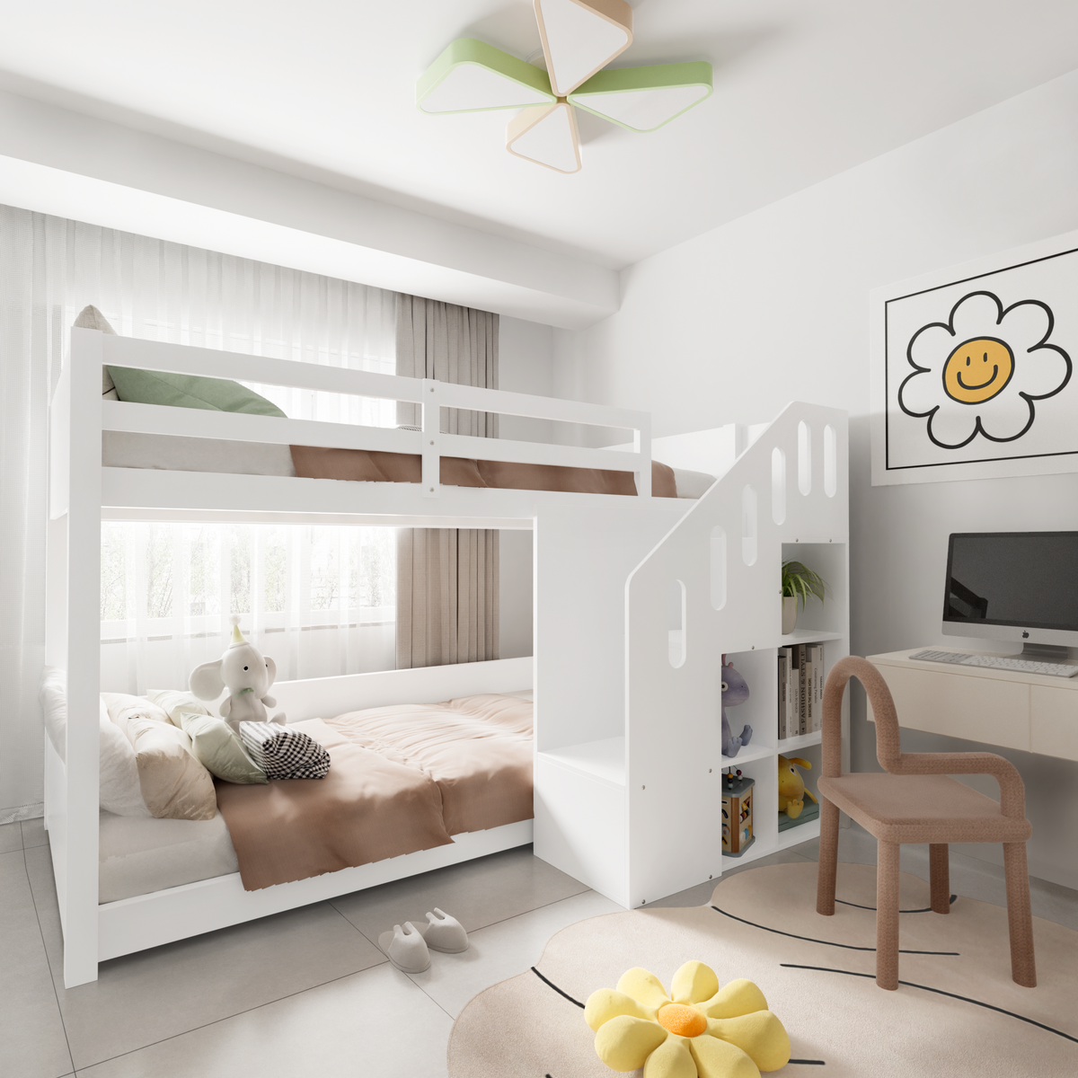 Bunk Bed 90x200cm with Stairs Lockers & Railing - White