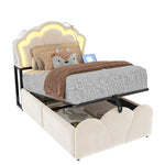 Upholstered Bed 90x200cm with Hydraulic Storage & LED, Beige Velvet