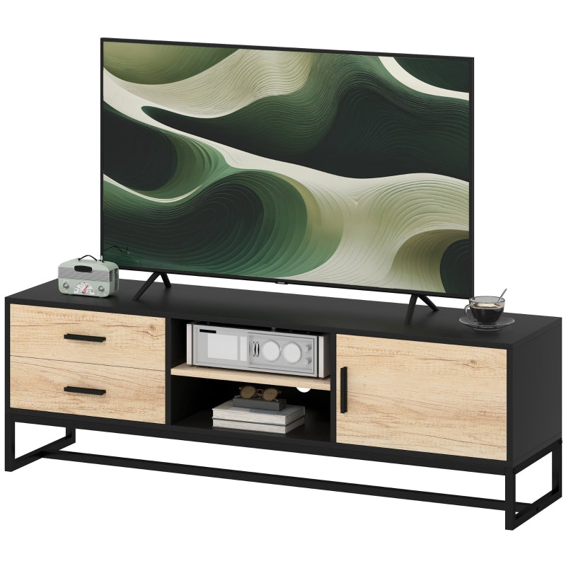 TV Cabinet with Door, 2 Drawers, Open Compartments, Adjustable Shelf, Black
